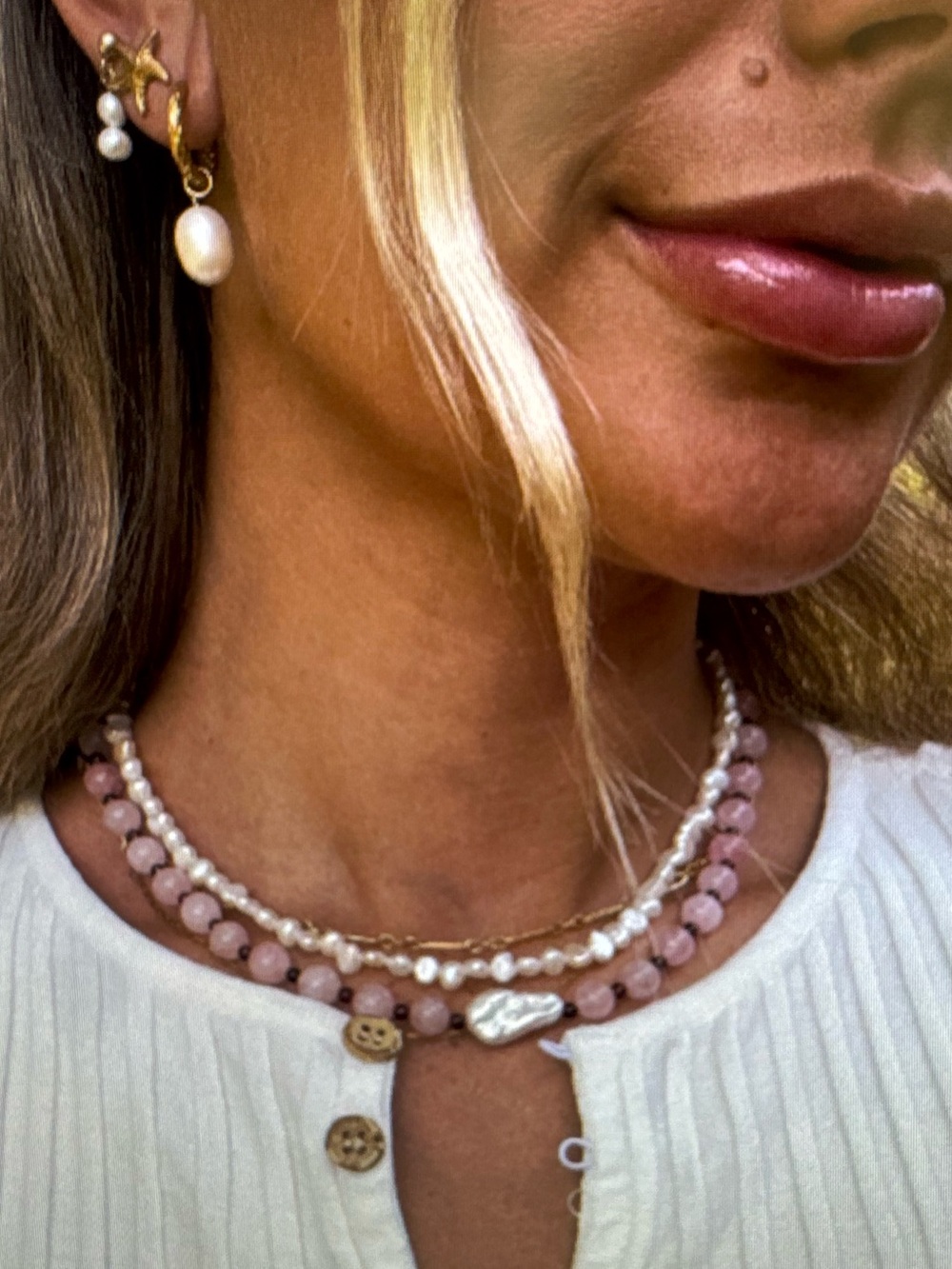 Handmade Rose Quartz & Garnet Pink & Brown Beaded Necklace Baroque Pearl Choker